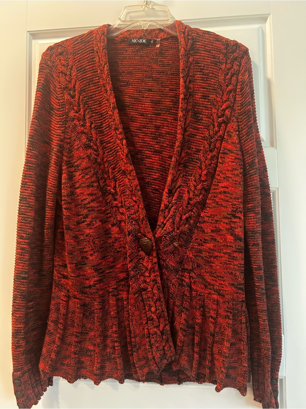 NIC+ZOE Red and Black Marled Cable-Trim Cardigan